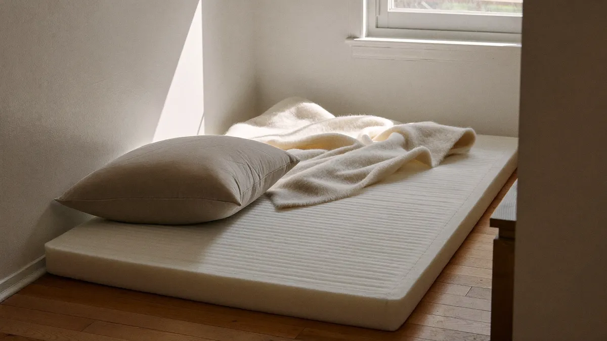 Colchonete para dormir estendido no chao com travesseiro